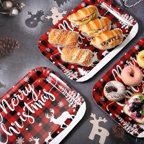Maitys 12 Pcs Merry Christmas Serving Trays 13 x 9 Inch Large Food Trays buffalo plaid Dessert Cupcake Platters for Christmas Winter Holiday Birthday Party Supplies Table Decorations