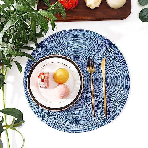 SHACOS Round Braided Placemats Set of 12 Circle Place Mats Cotton Polyester Kitchen Table Mats for Dining Table Wedding Party Decor (Blue Gray, 12)