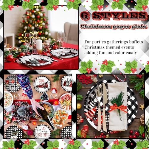 Fourluoo 96 Pcs Christmas Black White Buffalo Plaid Paper Plates Disposable Peppermint Dinner Plates for Xmas Birthday Party Table Decor