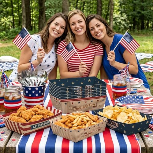 48 Pcs Vintage Patriotic Snack Trays, Disposable American Heritage Serving Boats, Red White and Blue Food Trays for July 4th, BBQs & Patriotic Celebrations – 3 Unique Designs