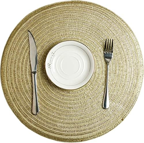 SHACOS Glitter Gold Round Braided Placemats Set of 8 Sparkle Washable 15 inch Round Table Mats Woven Place Mats for Christmas Party Dining Table (Gold, 8)