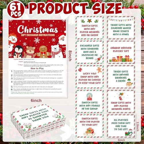 61 Pcs Christmas Gift Exchange Game Cards Merry Christmas Party Games White Elephant Gift Exchange Card Xmas Holiday Present Swap for Adults Large Group Family Women Men Coworker Supplies Winter Paper