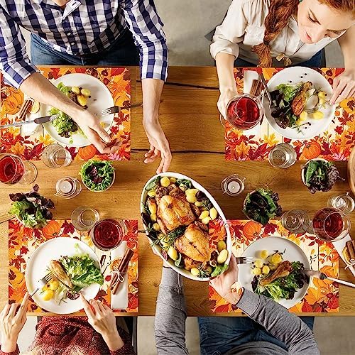 Whaline 50Pcs Fall Paper Place Mats Maple Leaves Pumpkin Thanksgiving Place Mats Autumn Seasonal Decorative Paper Table Mats for Kitchen Dining Table Party Decoration,14x9.8inch