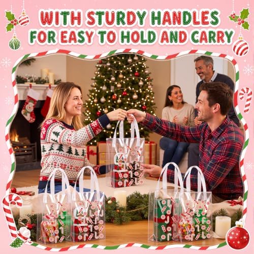 Pajean 25 Pcs Christmas Plastic Gift Bags with Handles, Candy Cane Pouches