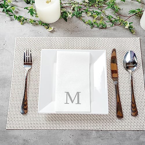 Luxenap 15.8 X 7.9 Inch Linen-Feel Guest Towels, 50 Lettered Hand Towels - Silver Letter 'M', Sans Serif Font, White Paper Dinner Napkins, airlaid, For Restrooms And Tables - Restaurantware