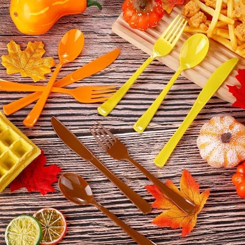 Kochorie 300 Pieces Thanksgiving Plastic Silverware Fall Heavy Duty Utensils Set Heavyweight Disposable Flatware Includes Orange Yellow Brown Spoons Forks Knives for Thanksgiving Dinner Party Supplies