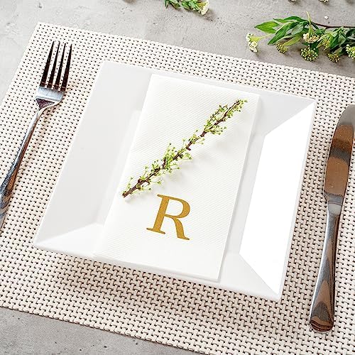 Luxenap 15.8 X 7.9 Inch Linen-Feel Guest Towels, 2000 Lettered Hand Towels - Gold Letter 'R', Sans Serif Font, White Paper Dinner Napkins, airlaid, For Restrooms And Tables