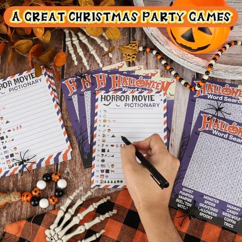 COCHIE 30 Players Halloween Party Games for Adults Family Office Large Groups, Horror Movie Name Pictionary Game, Riddle Game, Word Search Games with Answer Key (Halloween Purple)