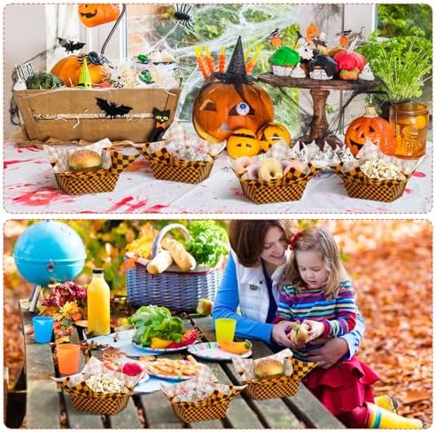 Geosar 100 Pcs Gingham Paper Food Tray with Wax Paper,Orange Black