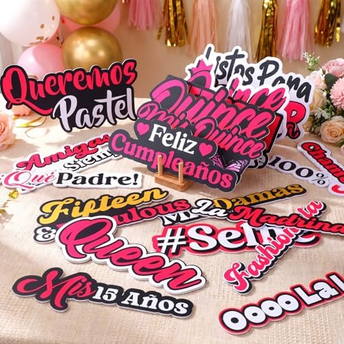 Beeveer 24 Pcs Spanish Quinceanera Photo Booth Props 9" PVC Signs