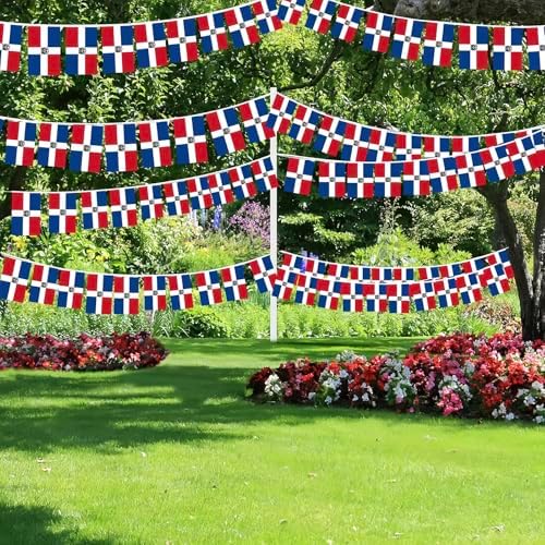 AhfuLife 60 Pcs Dominican String Flags for Independence Day Decorations, Small Dominican Flag Bunting Banner - Double Sided for National Day Festival Party Decorations (5.5×8.3 Inch-66 Ft)