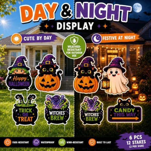 6-Pack Halloween Witch&Ghost Lawn Yard Signs with Stakes, Outdoor Decors