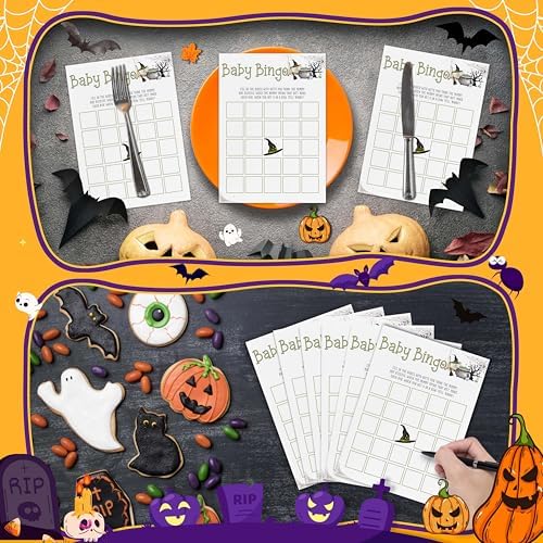 Halloween Baby Shower Games, 25 Pcs Baby Bingo Cards for Guests, Witch Hat Gender Reveal Decorations for Party Favors - B02