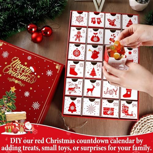 Christmas Advent Calendar Boxes 2025 Red Empty Advent Calendar to Fill Yourself, 24 Days of Christmas Countdown Boxes with 24 Drawers for Kids Adults Personalize with Treats Winter Holiday Xmas Gift