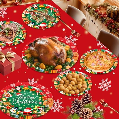 24 Pcs Merry Christmas Paper Plates - Cute Round Christmas Plates, Santa Claus Snowmen Dinner Dessert Plate Disposable Dinnerware Set for Winter Holiday Xmas Party Table Decorations Supplies Favors