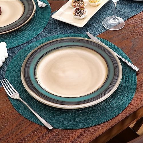 SHACOS Round Placemats Set of 8 Woven Braided Table Placemats 15 inch Circle Place Mats Washable Non Slip Table Mats for Home Wedding Party, Teal Green