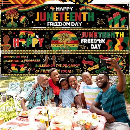 Remagr 3 Pcs Large Juneteenth Banner 98 x 18 Inch June 19th Outdoor Yard Sign Patriotic Juneteenth Party Decorations Backdrop for Africa American Independence Day Celebration Supplies