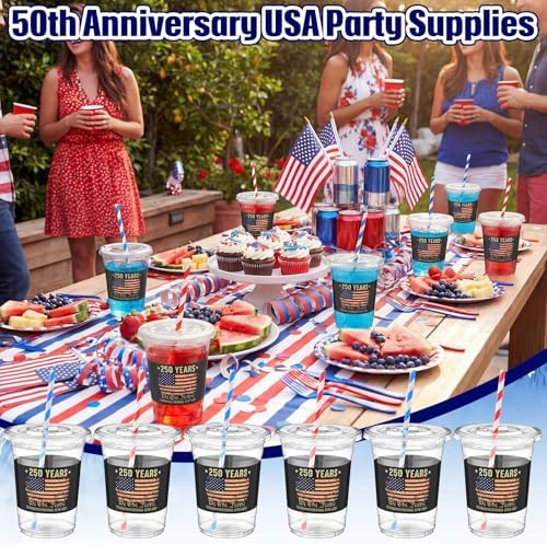 FillTouch 50 Pcs 250th 4th of July Cups USA Anniversary Party Supplies America Patriotic Red White Blue 250 Fourth of July Disposable Cups for Independence Day Items US Memorial Party Decoration