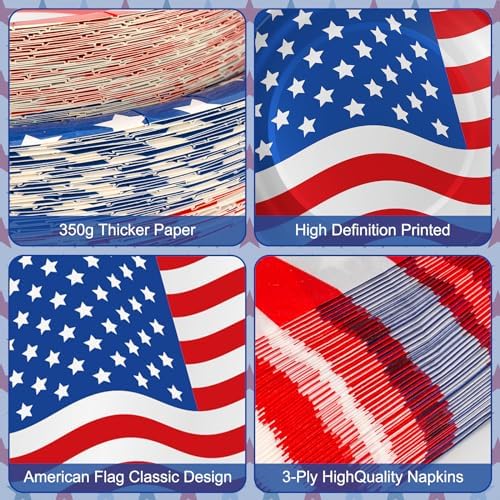 4th of July Plates and Napkins Sets - Patriotic American Flag Party Supplies Tableware, July 4th Disposable Paper Plates Napkins Set for Memorial Day, Independence Day Decorations Table Decor,Serve 50
