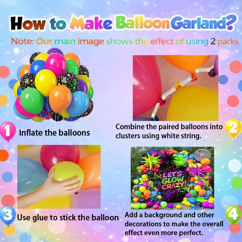 147PCS Neon Balloon Arch Garland Kit with Glow in the Dark Balloons for 80s 90s Disco, Rock and Roll, Birthday, Fiesta and Let's Glow Party Decorations