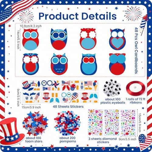 Funrous 48 Sets Crafts Kit Paper Crafts DIY Make Your Own Hanging Ornaments with Pompoms Diamond Stickers for Holiday Classroom Activities Party Favors, Patriotic Owl
