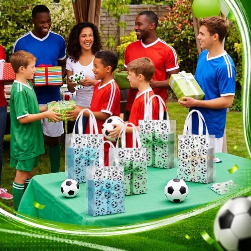 Pajean 12 Pcs Soccer Theme Plastic Gift Bags with Handles, 5.9 x 8.7 x 3.1 Inch Football PE Treat Bags, Black and White Candy Goodie Pouches for Classroom Exchange, Party Favor, Sports Event Supplies