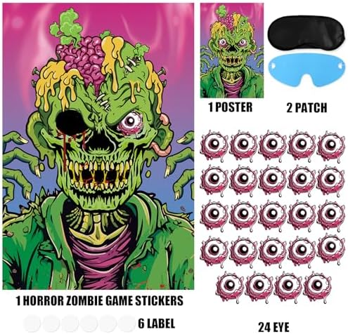 Hxezoc Pin The Eyeball On The Zombie Game with 24 Pcs Eyeballs Stickers, Halloween Pin The Tail Scary Zombie Party Games for Kids Halloween Party Birthday Party Supplies