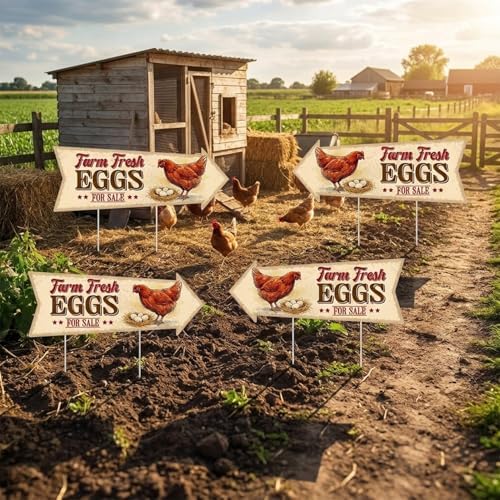 Rngmsi 4PCS Farm Fresh Eggs for Sale Sign, Fresh Eggs Double Sided Sign with 8 Stakes, Waterproof Corrugated Plastic Mark for Yard Business Indoor Outdoor Supplies Home Decor 16 X 6 Inch