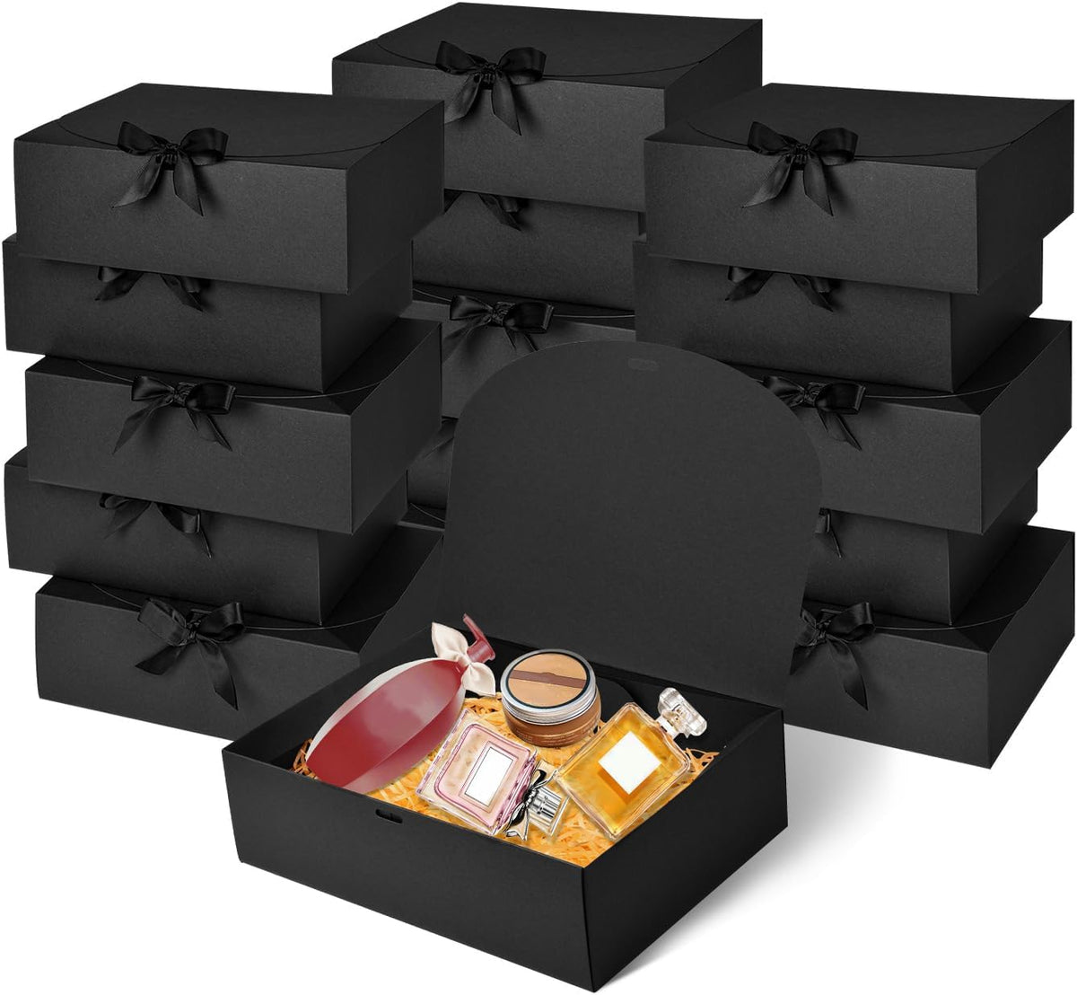 Ctosree Black Happy Birthday Gift Box with Lid for Presents, 13.5 x 10 x 4 Inch Gold Black Large Luxury Star Foldable Cardboard Box for Gift Packing, Contains Card, Envelope, Ribbon, Raffia Grass
