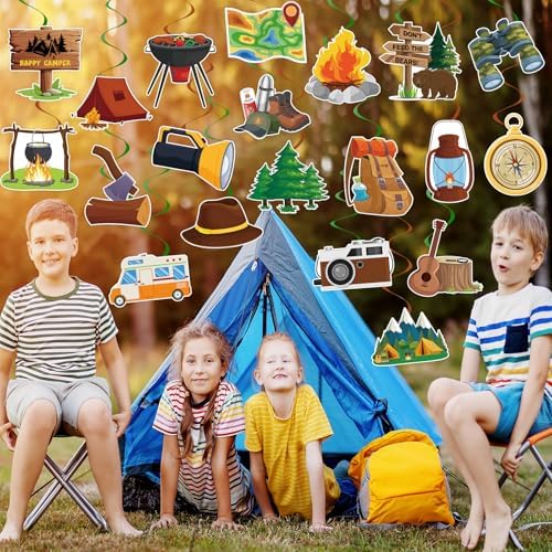 40Pcs Camping Hanging Swirl Decorations, Happy Camper Party Hanging Swirls Camping Adventure Bears Tent Telescope Sign Foil Swirls Ceiling Decorations for Camping Birthday Baby Shower Party Decor