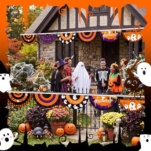 12 Pcs Happy Halloween Bunting Halloween Ghost Half Fan Banner