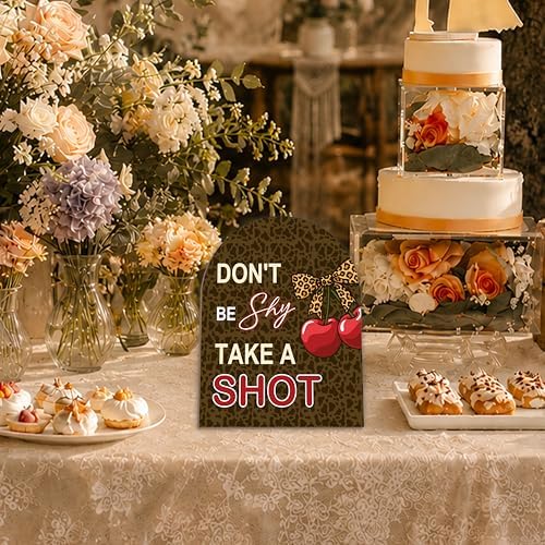 Cherry Take a Shot Wooden Sign, Cheetah Party Table Sign with Stand, 8x10