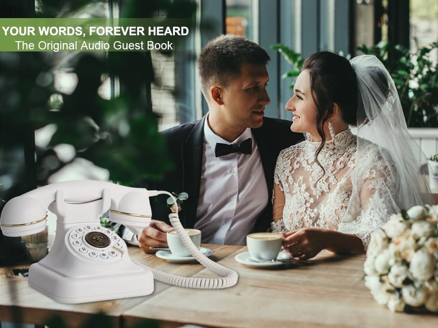 Audio Guest Book Wedding Phone with Gift Box, Vintage Audio GuestBook for Wedding, Bridal Shower, Birthday Party, Baby Shower, Anniversary, Engagement (Pure White)