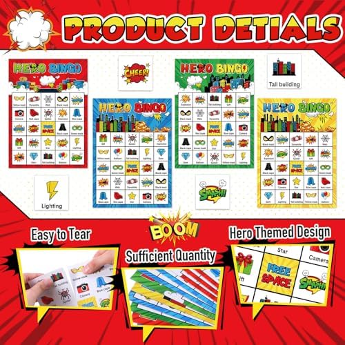 Shappy 35 Pcs Hero Party Bingo Games 24 Player Cartoon Comic Birthday Game