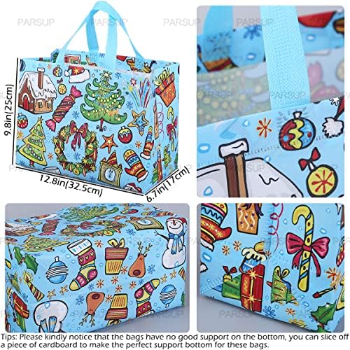 PARSUP 8PCS Christmas Gift Bags, Non-Woven Tote Treat Christmas Bags with Handles for Gifts Wrapping Shopping, Xmas Party Supplies, 12.8"×9.8"×6.7"
