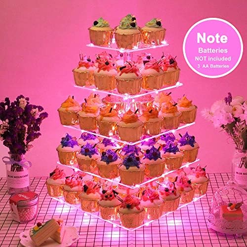 YestBuy Cupcake Stand with Pink Lights, Cupcake Tower Stand for 60 Cupcakes