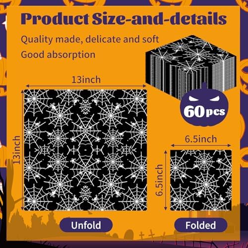 60 Pack Halloween Spider Web Paper Napkins – 13 x 13 Inch 2-Ply Disposable Black and White Spider Web Napkins for Halloween Party, Haunted House and Spooky Table Decorations