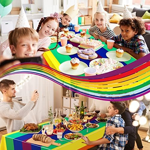 Breling Bulk Rainbow Tablecloth Carnival Pride Disposable Plastic Tablecloth Rectangle Rainbow Tablecover Birthday Party Supplies for Carnival Pride Party(6 Pack,108 x 54 Inch)
