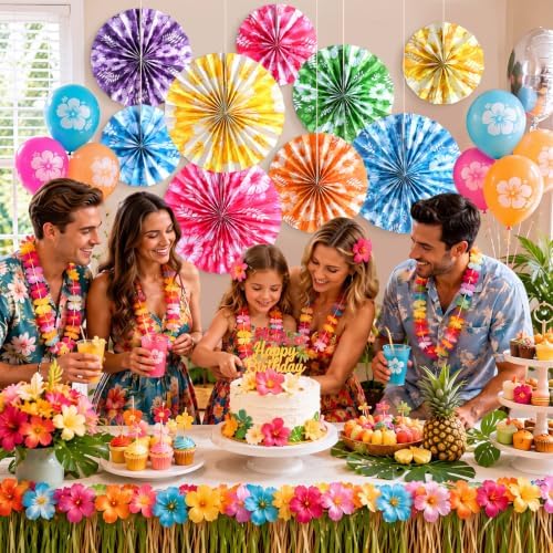 Outus 9 Pcs Tropical Hibiscus Paper Fans Hawaiian Party Decorations