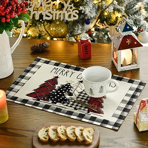 Artoid Mode Waterclor Buffalo Plaid Christmas Trees Placemats Set of 6, 12x18 Inch Winter Table Mats for Outdoor Home Party Kitchen Dining Decor