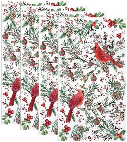 WRAPAHOLIC 50Pcs Christmas Paper Napkins - 3 Ply Cardinal Bird Pinecone Guest Disposable Hand Towels for Bathroom, Christmas, Holiday, Party Celebration - 4.3 x 7.9 In