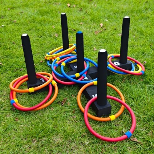 Ring Toss Game Indoor & Outdoor Game for Family and Adults with 5 Poles, 2 Bases and 16 Rings in 4 Colors, Soft Foam Toy Backyard Ring Toss Fun