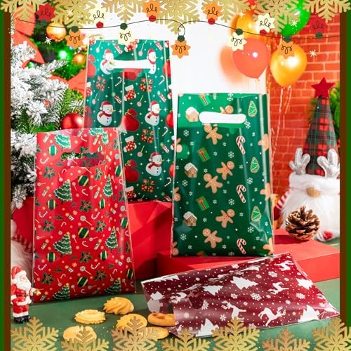 Gilprop 100 Pcs Christmas Plastic Gift Bags Bulk Small Treat Goodie Bags