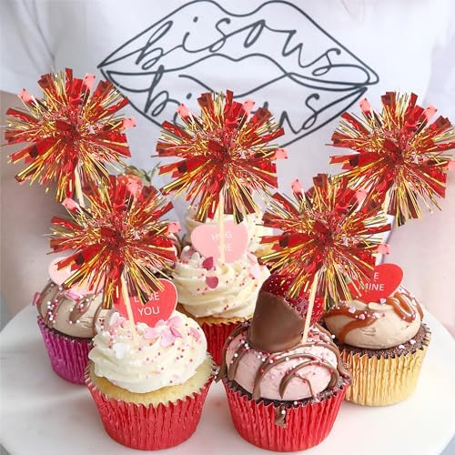 30 PCS Foil Firework Cupcake Toppers Sparkle Tinsel Cupcake Picks Happy Birthday Cake Decorations Drink Stirrers Cocktail Food Fruit Toothpicks for Baby Shower Graduation Party Supplies Red Gold