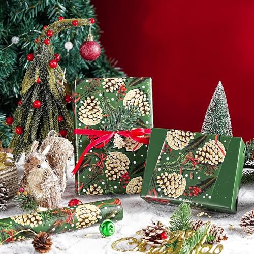 WRAPAHOLIC 30 Inch Reversible Green Christmas Wrapping Paper - 30 Inch x 33 Feet - Pinecones with Red Bow Wrapping Paper and Solid Green for Xmas Holiday, Party Celebration