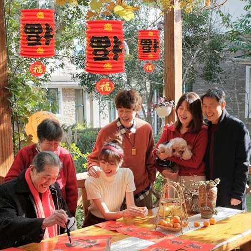 2026 Chinese New Year Decorations Set,6Pcs Red Paper Fu Lanterns for Ceiling, Year of The Horse Lunar Spring Festival Party Supplies for Home, Restaurant, Store,6.3 x 9.8 Inch