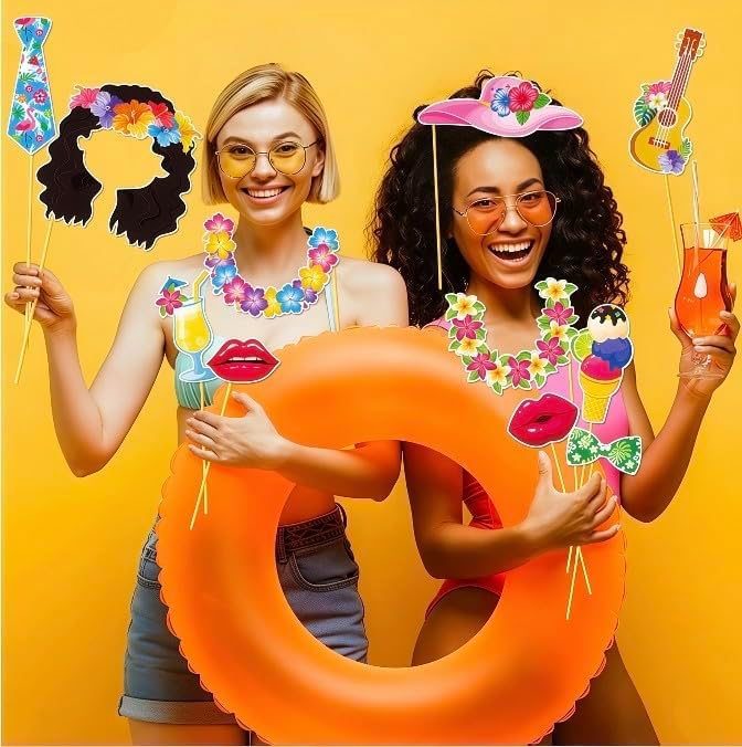 Luau Party Decorations, Tumwisk 30PCS Hawaiian Photo Booth Props Kit, Tropical Aloha Themed Paper Selfie Prop for Birthday Beach Pool Party