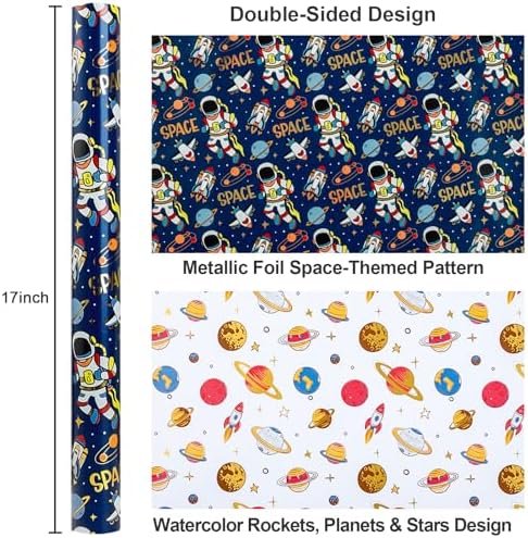 Yarcony Space Wrapping Paper Roll, Birthday Wrapping Paper for Boys, Navy Blue Astronaut Gift Wrap for Kids Birthday Outer Space Party Decor RocketShip Wrap Galaxy Planets Stars (30 Inch X 33 Feet)