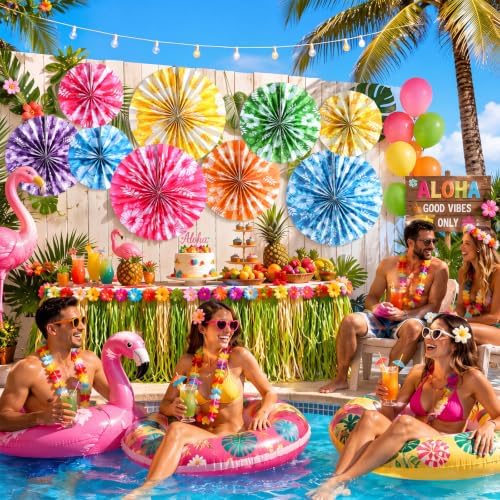 Outus 9 Pcs Tropical Hibiscus Paper Fans Hawaiian Party Decorations