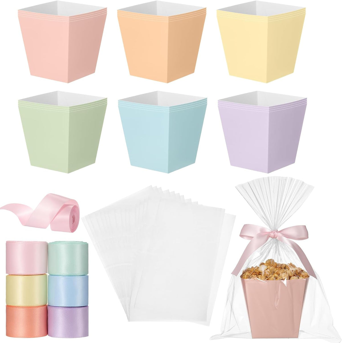 Pajean 24 Sets Pastel Party Favor Treat Boxes with Cellophane Bags & Ribbon